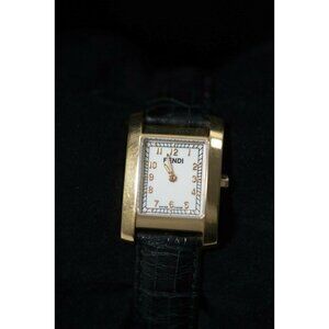 Fendi Womens Black Gold Wrist Watch Embossed Leather Strap Quartz Watch W Box